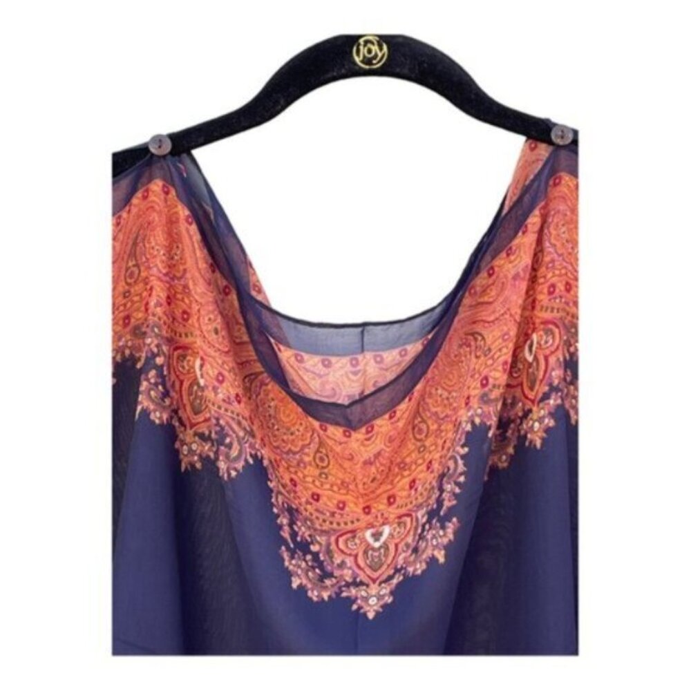Navy Paisley Print Versatile Chiffon Kaftan Blouse / Poncho Beach Cover - Picture 3 of 5
